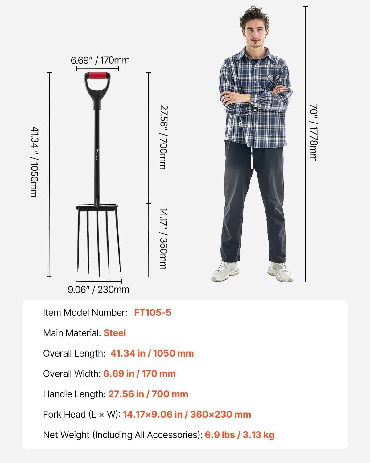 image:imageVEVOR Broad Fork 5Tine Pitchfork with Dual Fiberglass Handles Heavy Duty Garden Fork Ergonomic UShaped Design Broadfork Hand Tiller Gardening Tool for Composting Transplanting Aeration5Tine