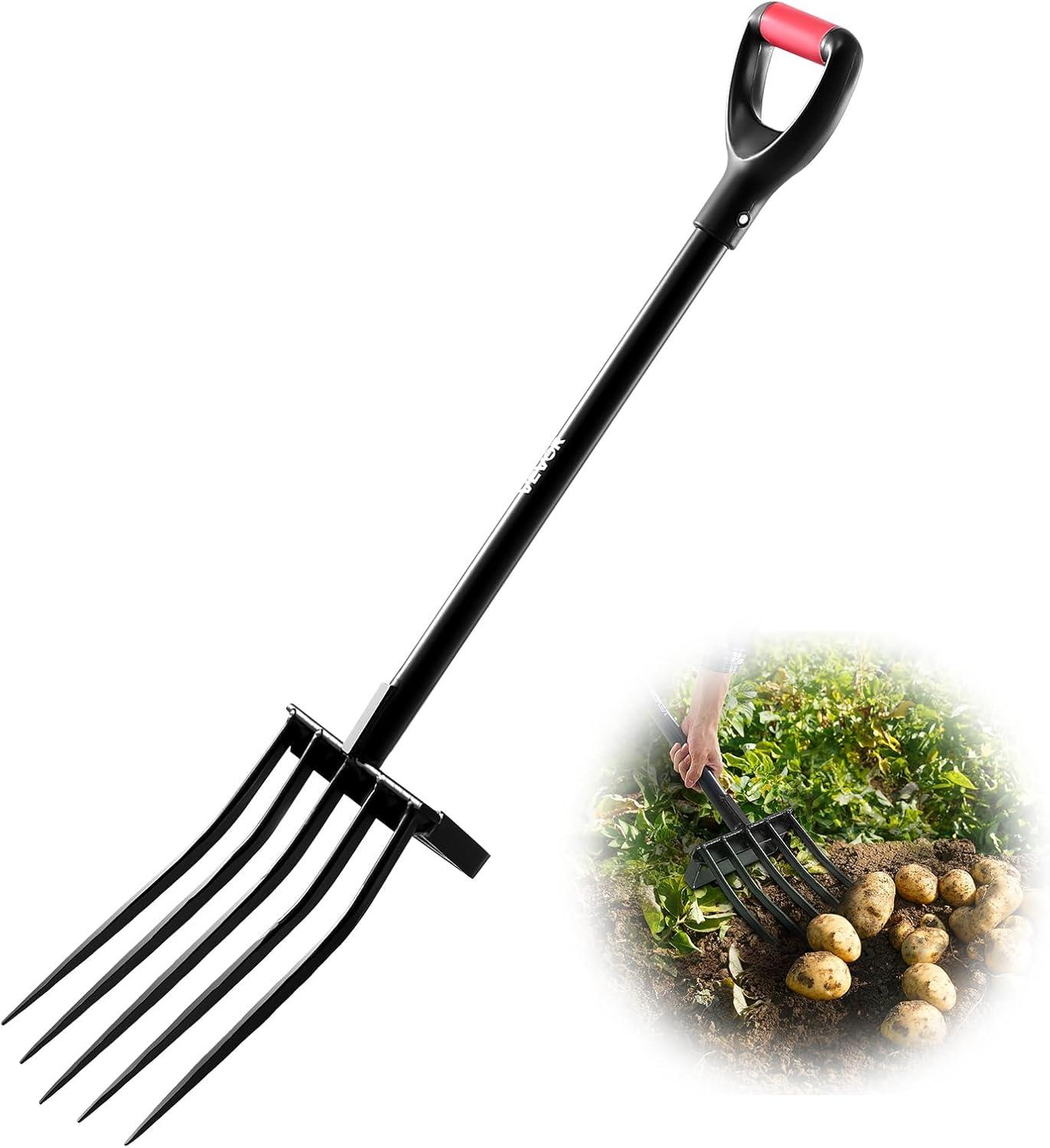 image:imageVEVOR Broad Fork 5Tine Pitchfork with Dual Fiberglass Handles Heavy Duty Garden Fork Ergonomic UShaped Design Broadfork Hand Tiller Gardening Tool for Composting Transplanting Aeration5Tine