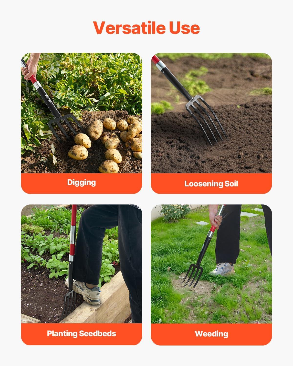 image:imageVEVOR Broad Fork 5Tine Pitchfork with Dual Fiberglass Handles Heavy Duty Garden Fork Ergonomic UShaped Design Broadfork Hand Tiller Gardening Tool for Composting Transplanting Aeration4Tine
