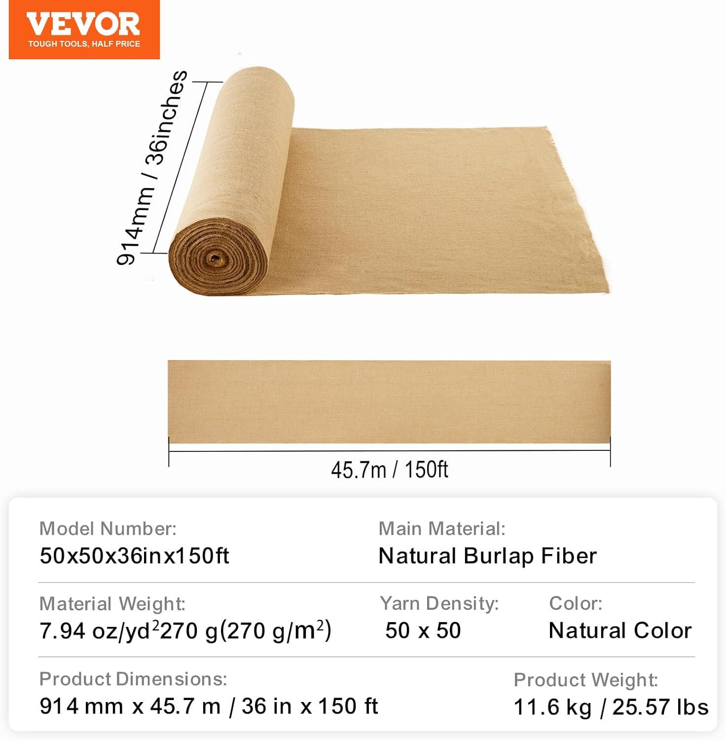 image:imageVEVOR Burlap Fabric Roll 40 x 150 ft amp 45 x 45 High Density Wide Natural Burlap Fabric Rolls Jute Fabric Burlap Tree Wrap Roll for Decor Crafts Wedding Gardening Plant amp Tree Winter Covering36 inch x 150 ft