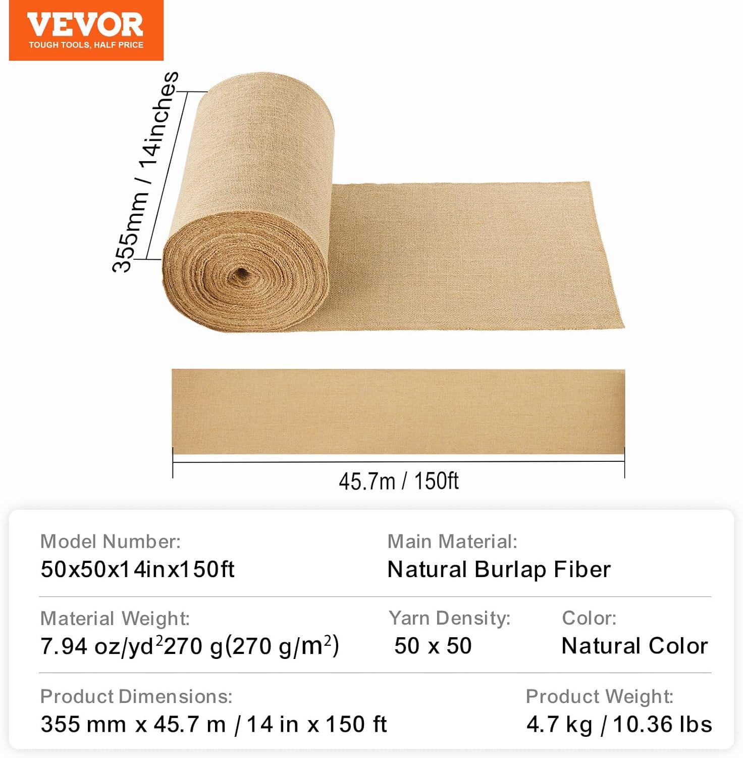 image:imageVEVOR Burlap Fabric Roll 40 x 150 ft amp 45 x 45 High Density Wide Natural Burlap Fabric Rolls Jute Fabric Burlap Tree Wrap Roll for Decor Crafts Wedding Gardening Plant amp Tree Winter Covering14 inch x 150 ft