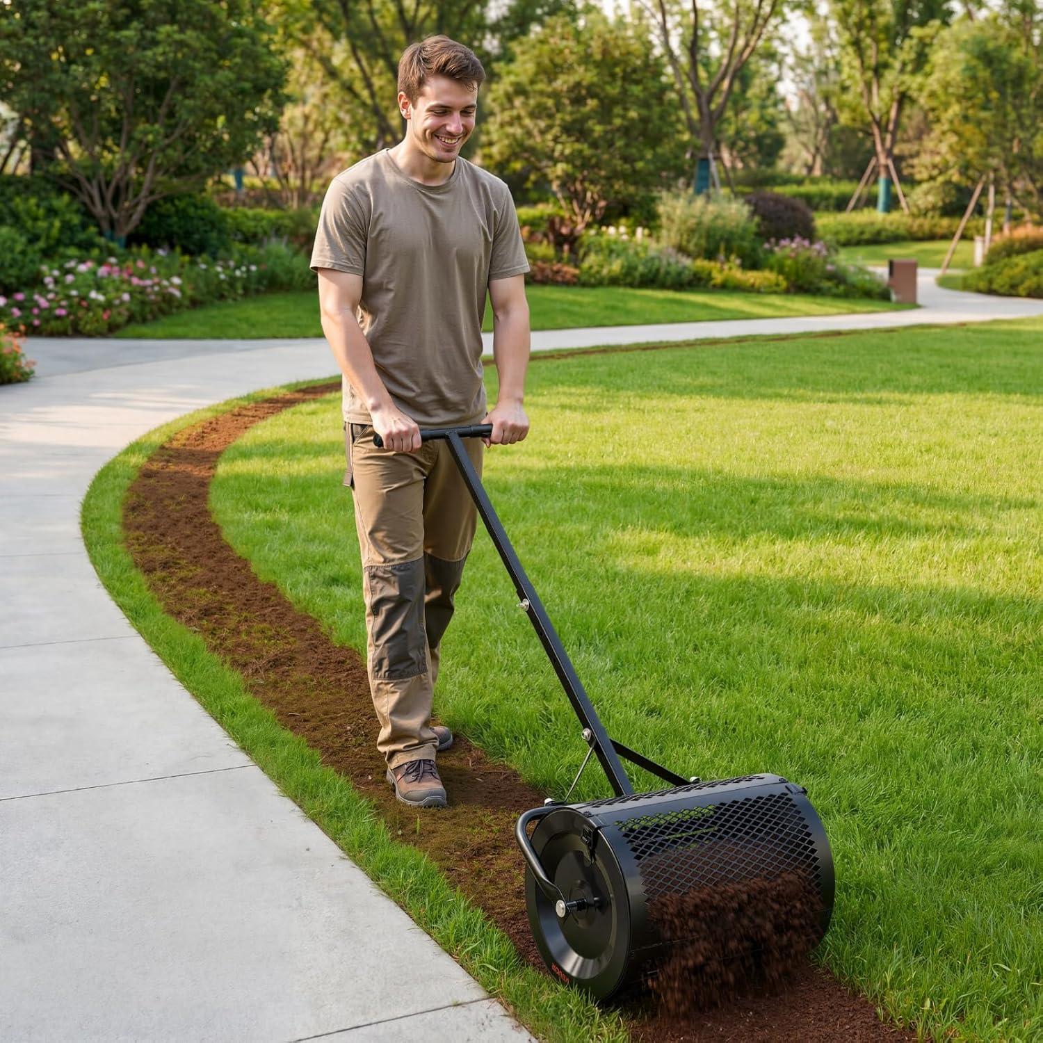 image:imageVEVOR Compost Spreader 165 Wide Peat Moss Spreader with T Shaped Handle 3 Heights Adjustable PowderCoated Steel Garden Peat Moss Roller Heavy Duty Grass Seed Roller for Planting Seeding Black165in