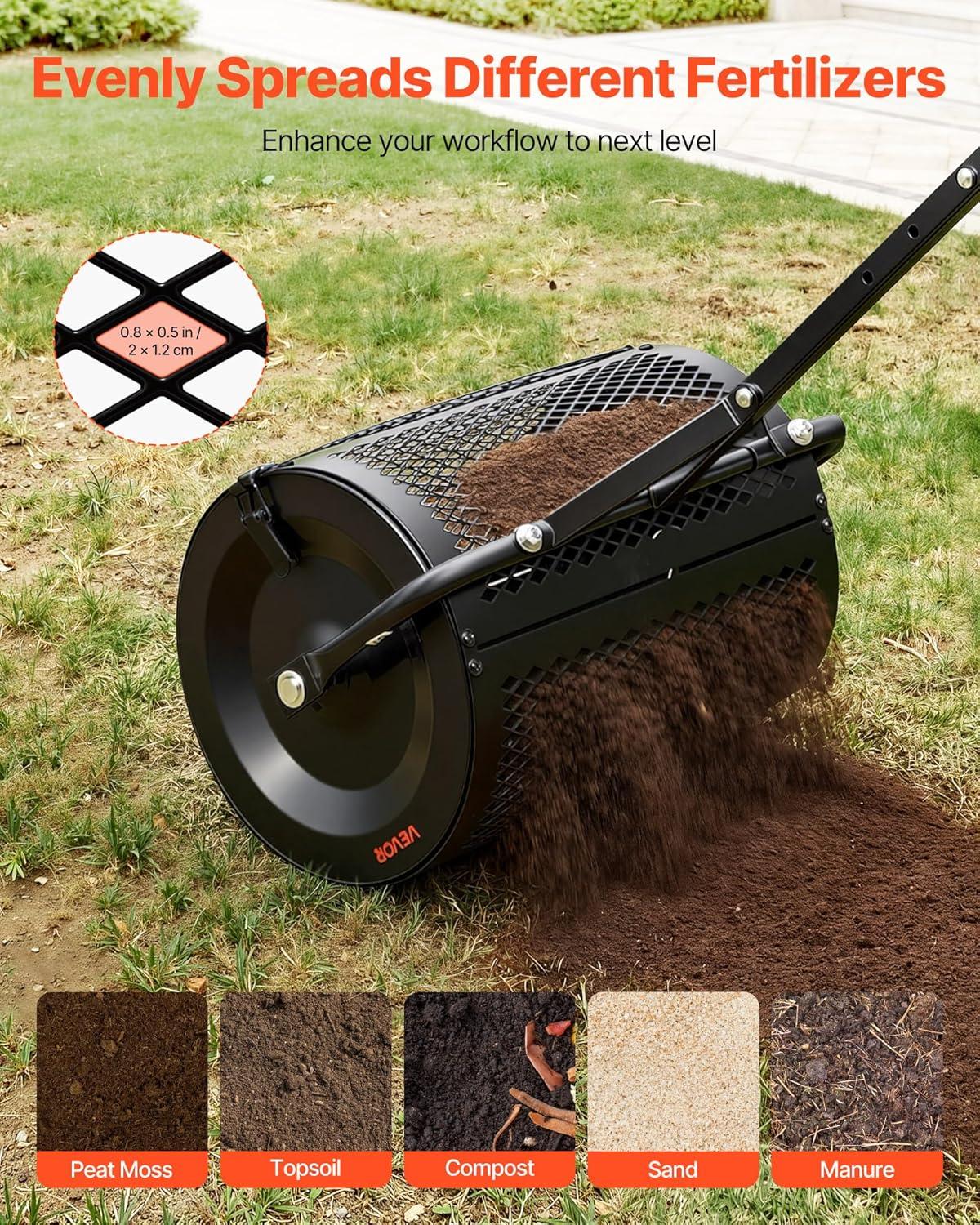 image:imageVEVOR Compost Spreader 165 Wide Peat Moss Spreader with T Shaped Handle 3 Heights Adjustable PowderCoated Steel Garden Peat Moss Roller Heavy Duty Grass Seed Roller for Planting Seeding Black165in