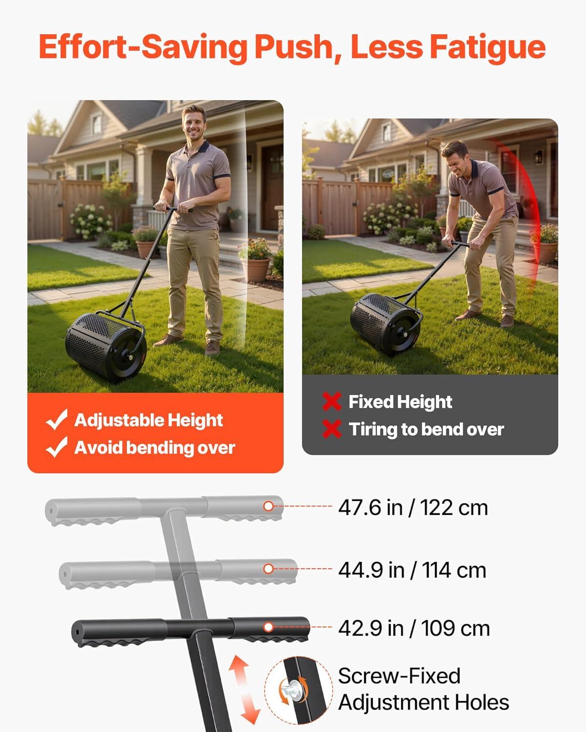 image:imageVEVOR Compost Spreader 165 Wide Peat Moss Spreader with T Shaped Handle 3 Heights Adjustable PowderCoated Steel Garden Peat Moss Roller Heavy Duty Grass Seed Roller for Planting Seeding Black165in