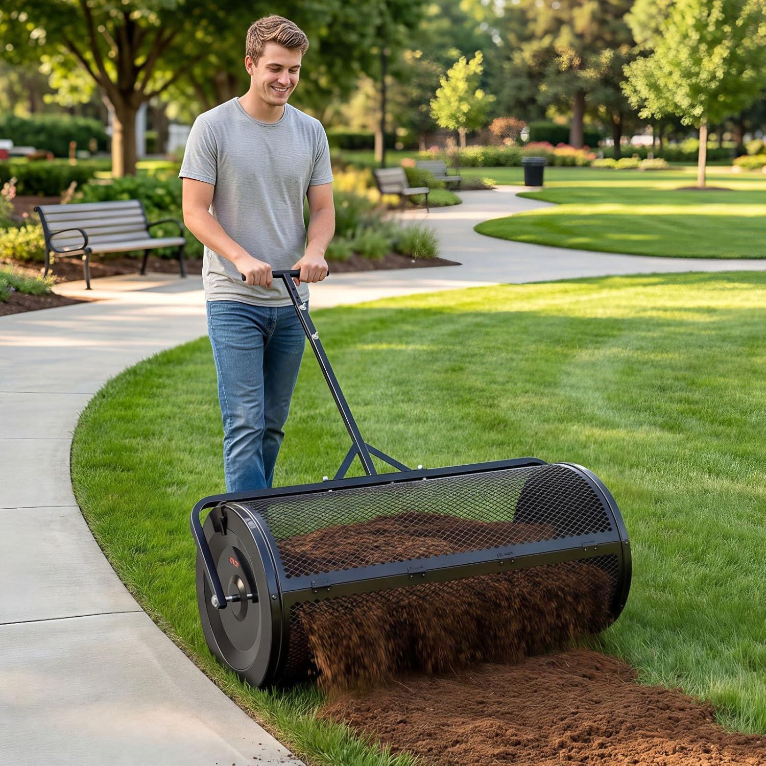 image:imageVEVOR Compost Spreader 165 Wide Peat Moss Spreader with T Shaped Handle 3 Heights Adjustable PowderCoated Steel Garden Peat Moss Roller Heavy Duty Grass Seed Roller for Planting Seeding Black44in