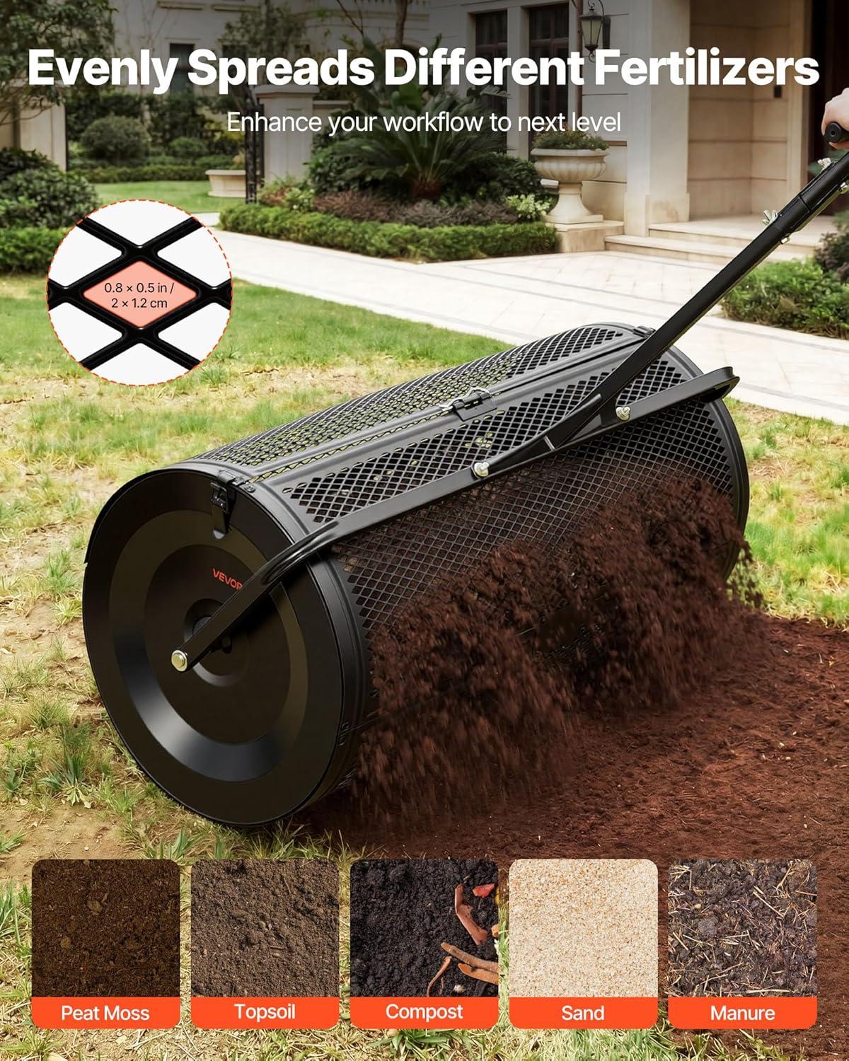 image:imageVEVOR Compost Spreader 165 Wide Peat Moss Spreader with T Shaped Handle 3 Heights Adjustable PowderCoated Steel Garden Peat Moss Roller Heavy Duty Grass Seed Roller for Planting Seeding Black36in