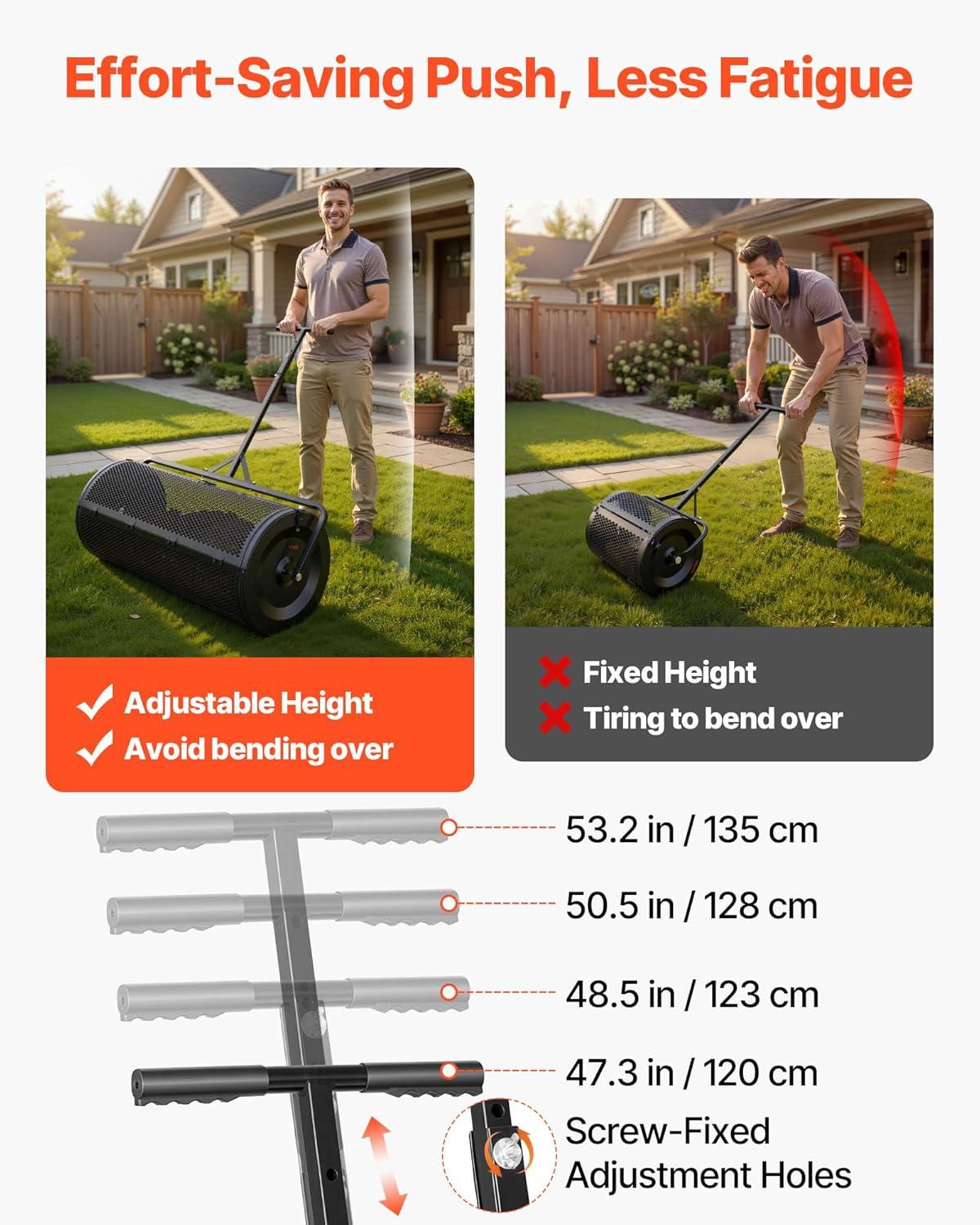 image:imageVEVOR Compost Spreader 165 Wide Peat Moss Spreader with T Shaped Handle 3 Heights Adjustable PowderCoated Steel Garden Peat Moss Roller Heavy Duty Grass Seed Roller for Planting Seeding Black44in