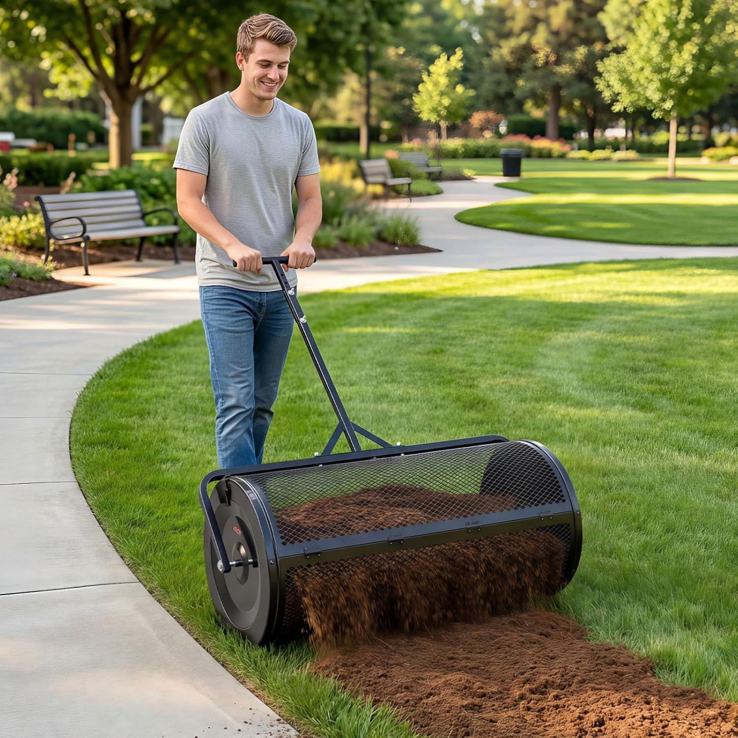 image:imageVEVOR Compost Spreader 165 Wide Peat Moss Spreader with T Shaped Handle 3 Heights Adjustable PowderCoated Steel Garden Peat Moss Roller Heavy Duty Grass Seed Roller for Planting Seeding Black36in