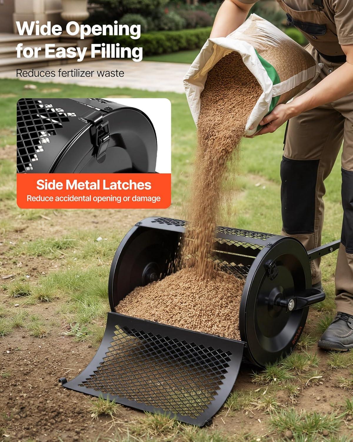 image:imageVEVOR Compost Spreader 165 Wide Peat Moss Spreader with T Shaped Handle 3 Heights Adjustable PowderCoated Steel Garden Peat Moss Roller Heavy Duty Grass Seed Roller for Planting Seeding Black165in