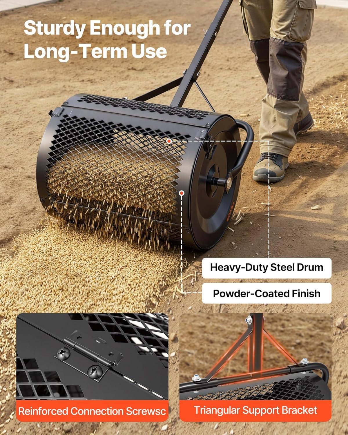 image:imageVEVOR Compost Spreader 165 Wide Peat Moss Spreader with T Shaped Handle 3 Heights Adjustable PowderCoated Steel Garden Peat Moss Roller Heavy Duty Grass Seed Roller for Planting Seeding Black165in