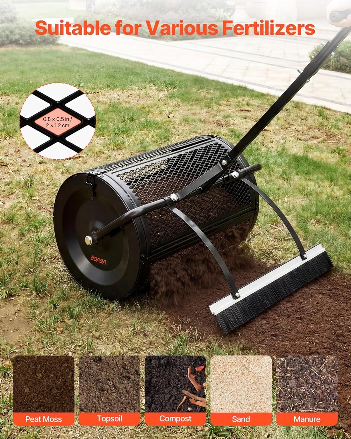image:imageVEVOR Compost Spreader 24 Wide Peat Moss Spreader with PushTow Handle amp Brush 4 Heights Adjustable PowderCoated Steel Garden Peat Moss Roller Heavy Duty Grass Seed Roller for Planting Seeding