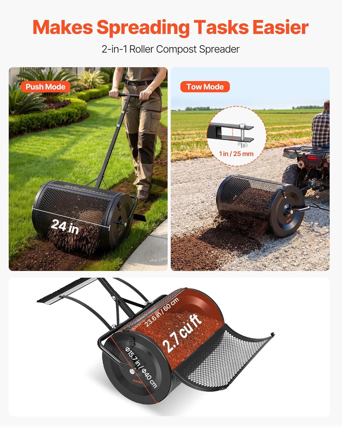 image:imageVEVOR Compost Spreader 24 Wide Peat Moss Spreader with PushTow Handle amp Brush 4 Heights Adjustable PowderCoated Steel Garden Peat Moss Roller Heavy Duty Grass Seed Roller for Planting Seeding