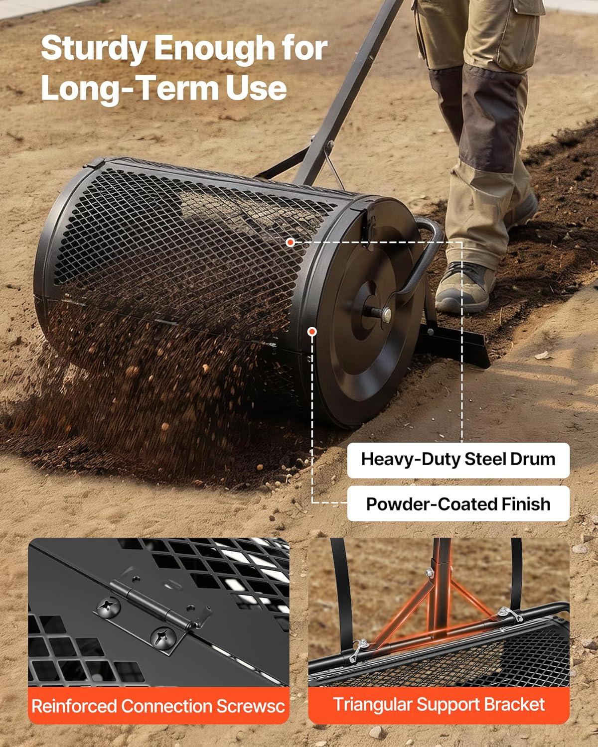 image:imageVEVOR Compost Spreader 24 Wide Peat Moss Spreader with PushTow Handle amp Brush 4 Heights Adjustable PowderCoated Steel Garden Peat Moss Roller Heavy Duty Grass Seed Roller for Planting Seeding