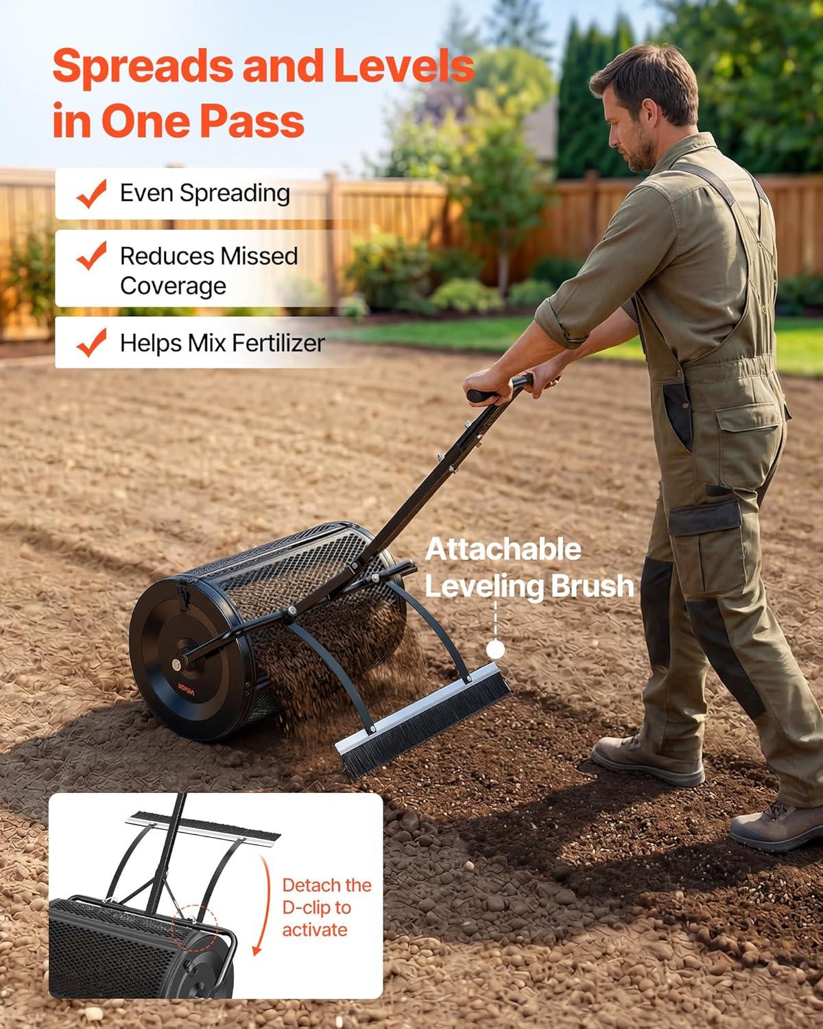 image:imageVEVOR Compost Spreader 24 Wide Peat Moss Spreader with PushTow Handle amp Brush 4 Heights Adjustable PowderCoated Steel Garden Peat Moss Roller Heavy Duty Grass Seed Roller for Planting Seeding