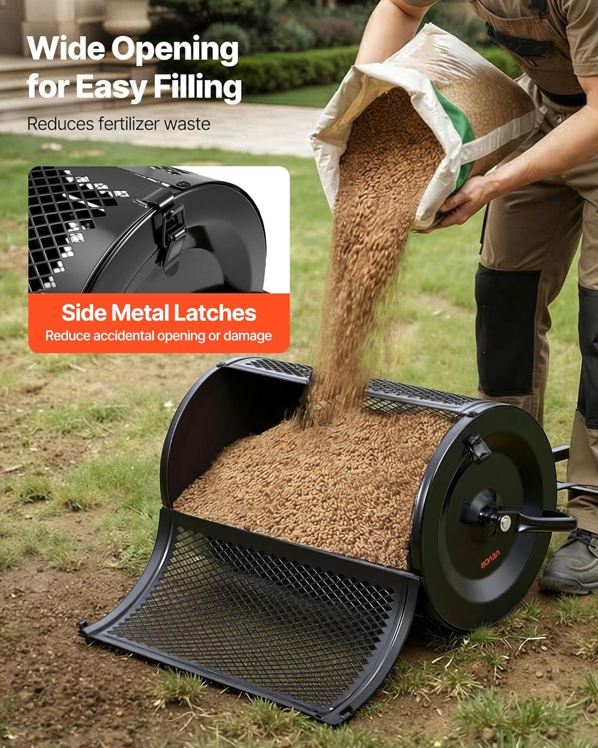 image:imageVEVOR Compost Spreader 24 Wide Peat Moss Spreader with PushTow Handle amp Brush 4 Heights Adjustable PowderCoated Steel Garden Peat Moss Roller Heavy Duty Grass Seed Roller for Planting Seeding