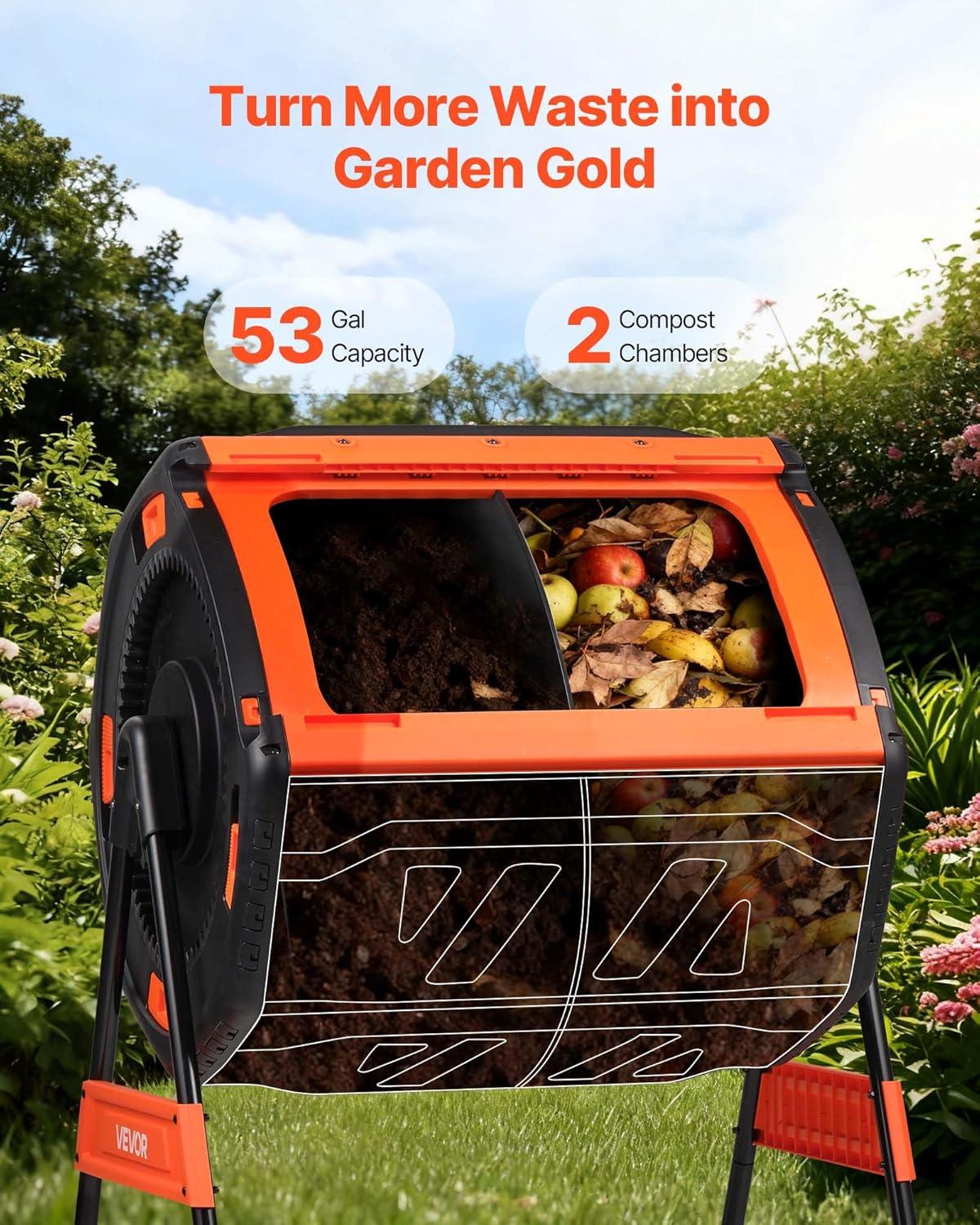 image:imageVEVOR Compost Tumbler 53 Gallon Dual Chamber Outdoor Tumbling Composter with 2 Sliding Doors and Aeration System Large EasyTurn Rotating Composting Bin for Outside Garden Kitchen and Yard Waste