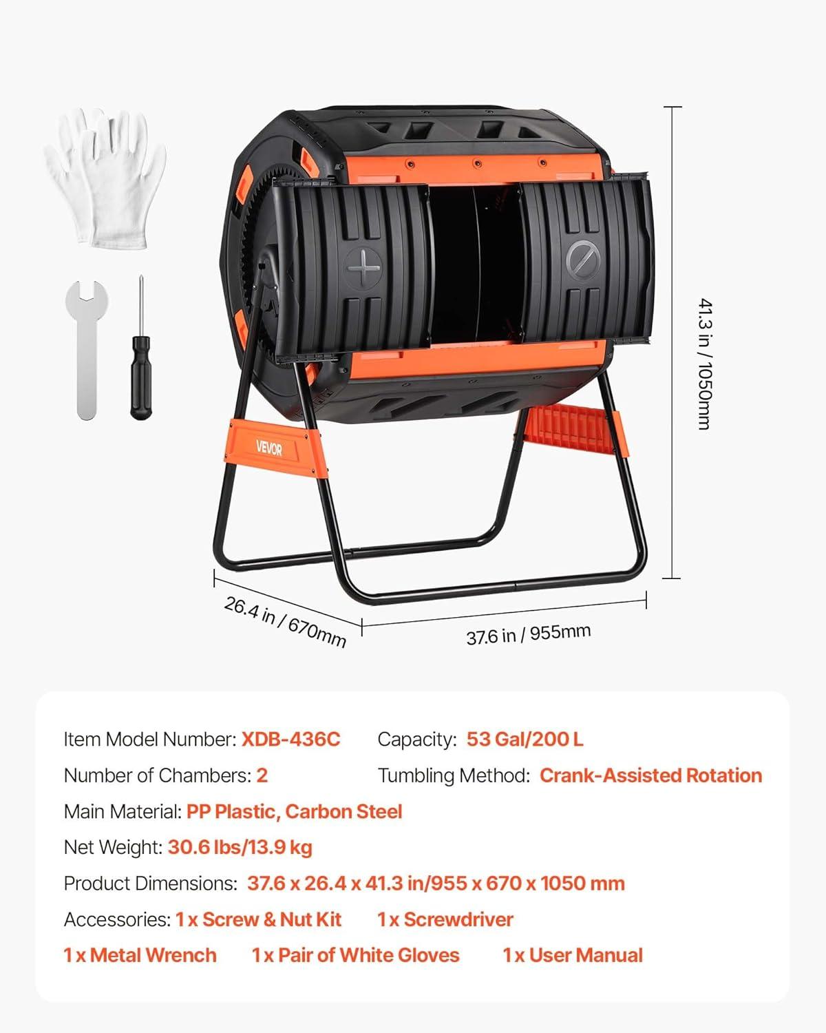 image:imageVEVOR Compost Tumbler 53 Gallon Dual Chamber Outdoor Tumbling Composter with 2 Sliding Doors and Aeration System Large EasyTurn Rotating Composting Bin for Outside Garden Kitchen and Yard Waste