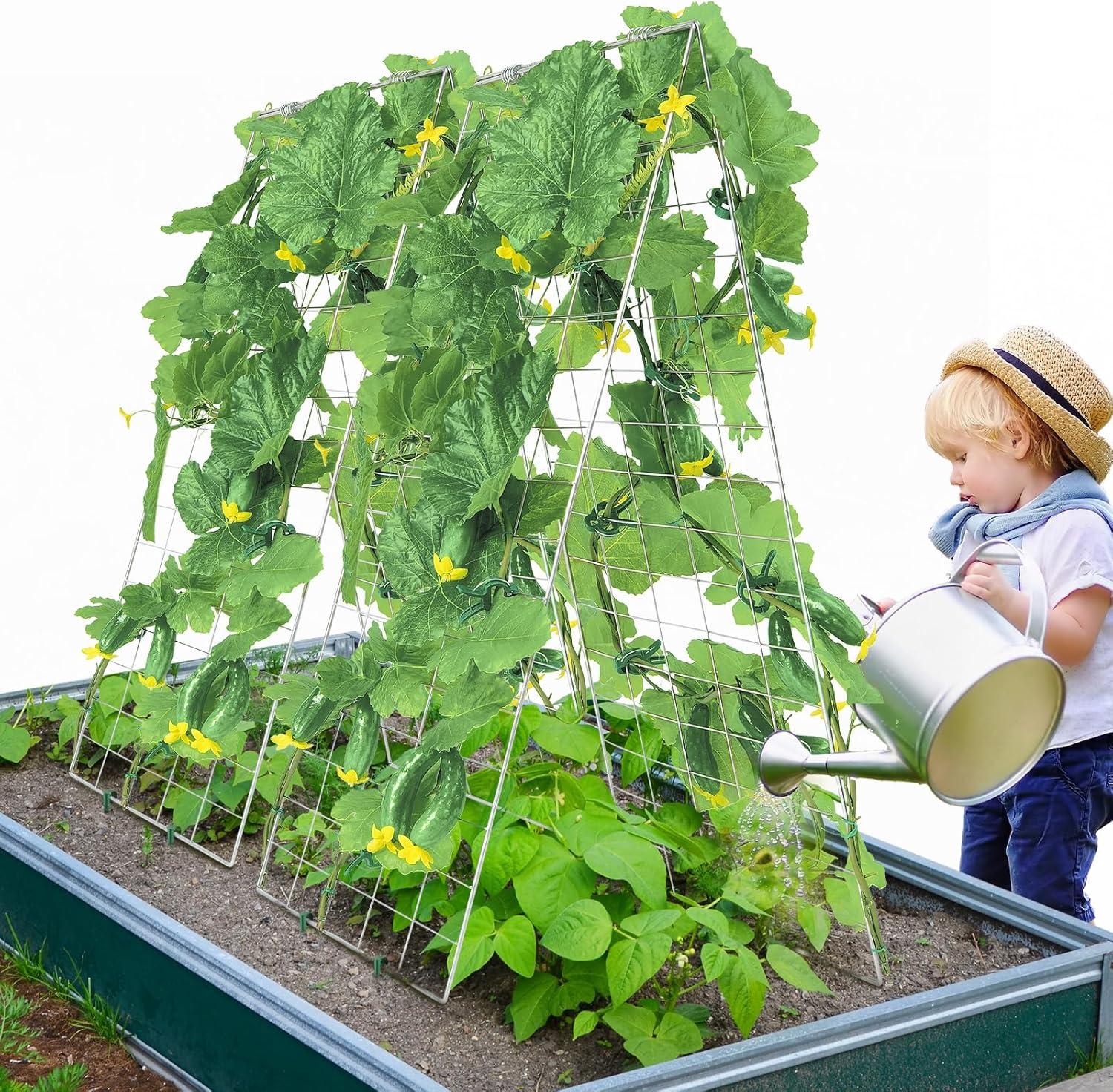 image:imageVEVOR Cucumber Trellis for Climbing Plants46 H x 32 W Foldable Cucumber Trellis Set with Plant Clips Metal Garden Trellis for Raised Bed Outdoor Plant Grow Support for Tomato Vegetable2 Pack35 W x 55 L