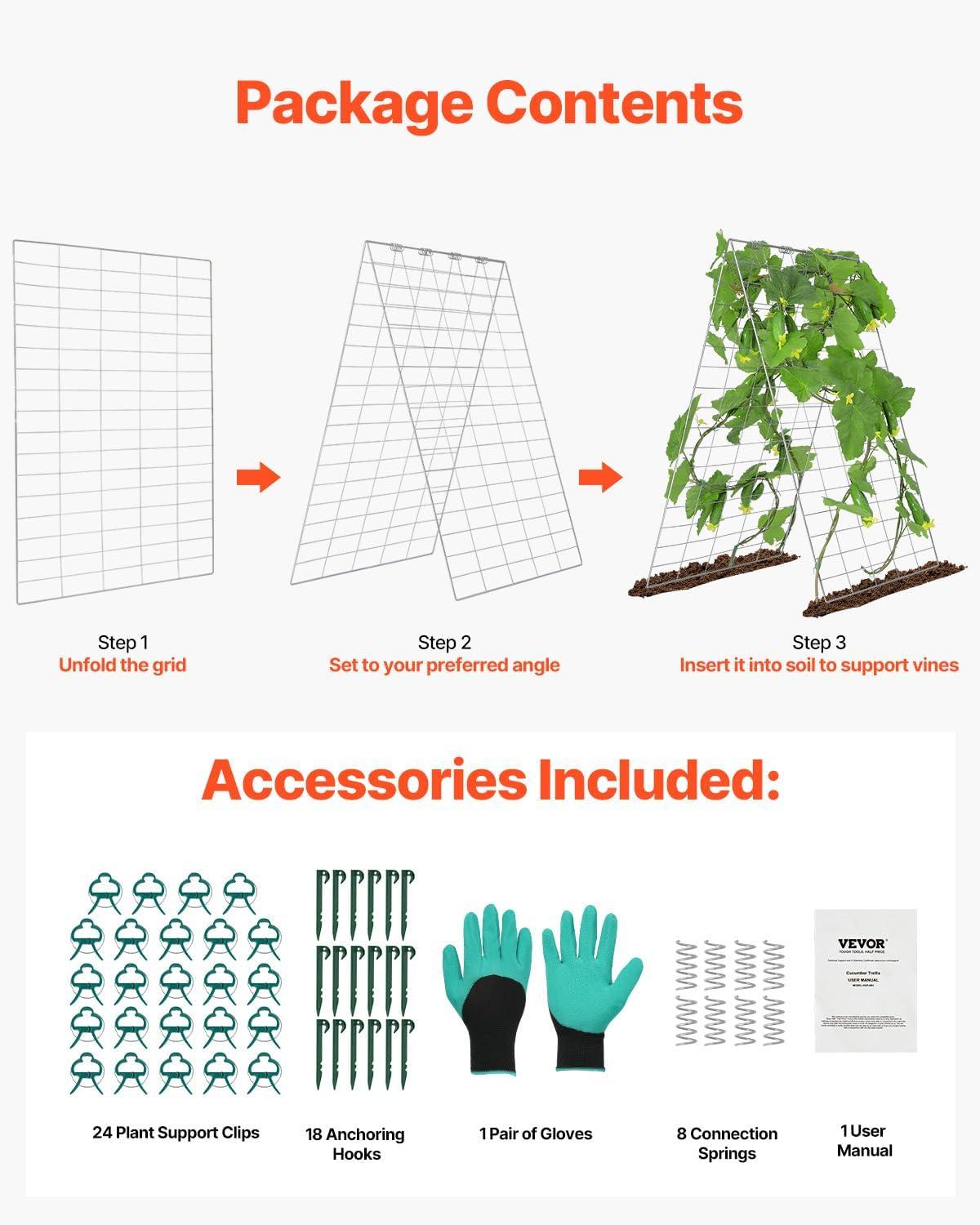 image:imageVEVOR Cucumber Trellis for Climbing Plants46 H x 32 W Foldable Cucumber Trellis Set with Plant Clips Metal Garden Trellis for Raised Bed Outdoor Plant Grow Support for Tomato Vegetable2 Pack35 W x 55 L