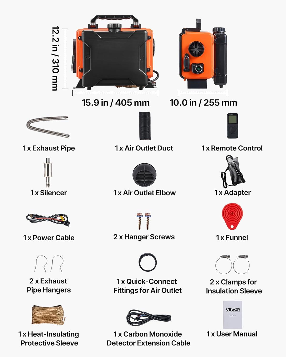 image:imageVEVOR Diesel Heater 8KW DC 12V24V All in One Portable Diesel Air Heater with Bluetooth APP Control Remote Control and LCD Screen 19 Gal Fuel Tank for Trucks Vans RVs Campers and GaragesBlackOrange