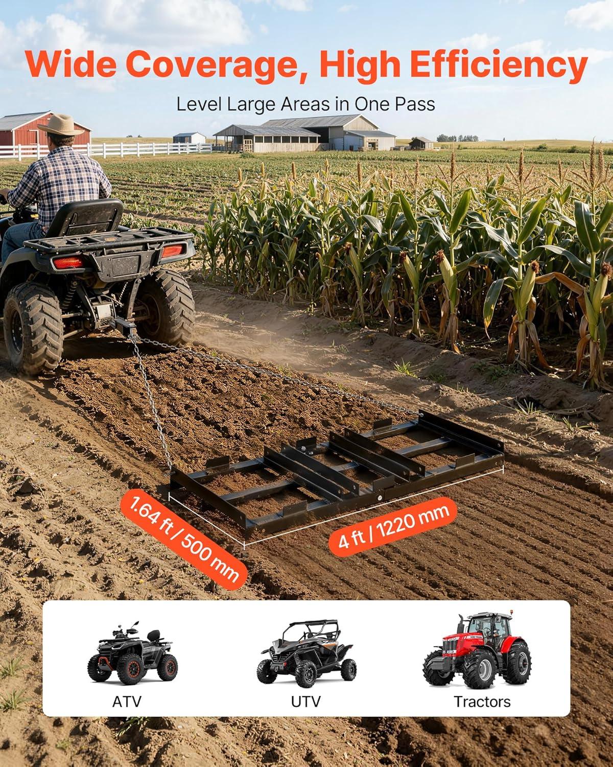 image:imageVEVOR Drag Harrow 4 ft Heavy Duty Tow Behind Drag Harrow with Adjustable Bars amp 72 in Chain Driveway Grader Landscape Rake for ATV UTV Tractor Mower Tow Behind Yard Lawn Leveling Tool4 FT Black