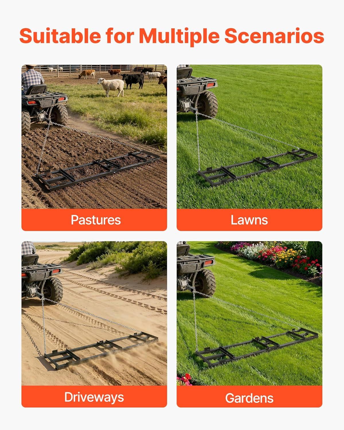 image:imageVEVOR Drag Harrow 4 ft Heavy Duty Tow Behind Drag Harrow with Adjustable Bars amp 72 in Chain Driveway Grader Landscape Rake for ATV UTV Tractor Mower Tow Behind Yard Lawn Leveling Tool8 FT Black