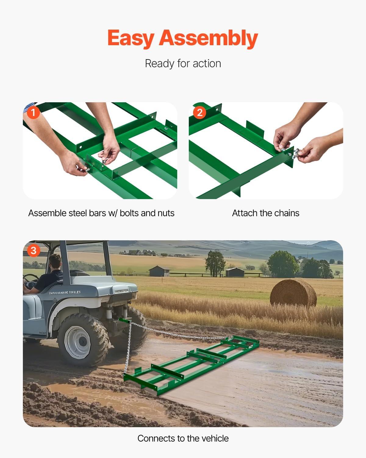 image:imageVEVOR Drag Harrow 4 ft Heavy Duty Tow Behind Drag Harrow with Adjustable Bars amp 72 in Chain Driveway Grader Landscape Rake for ATV UTV Tractor Mower Tow Behind Yard Lawn Leveling Tool8 FT Green