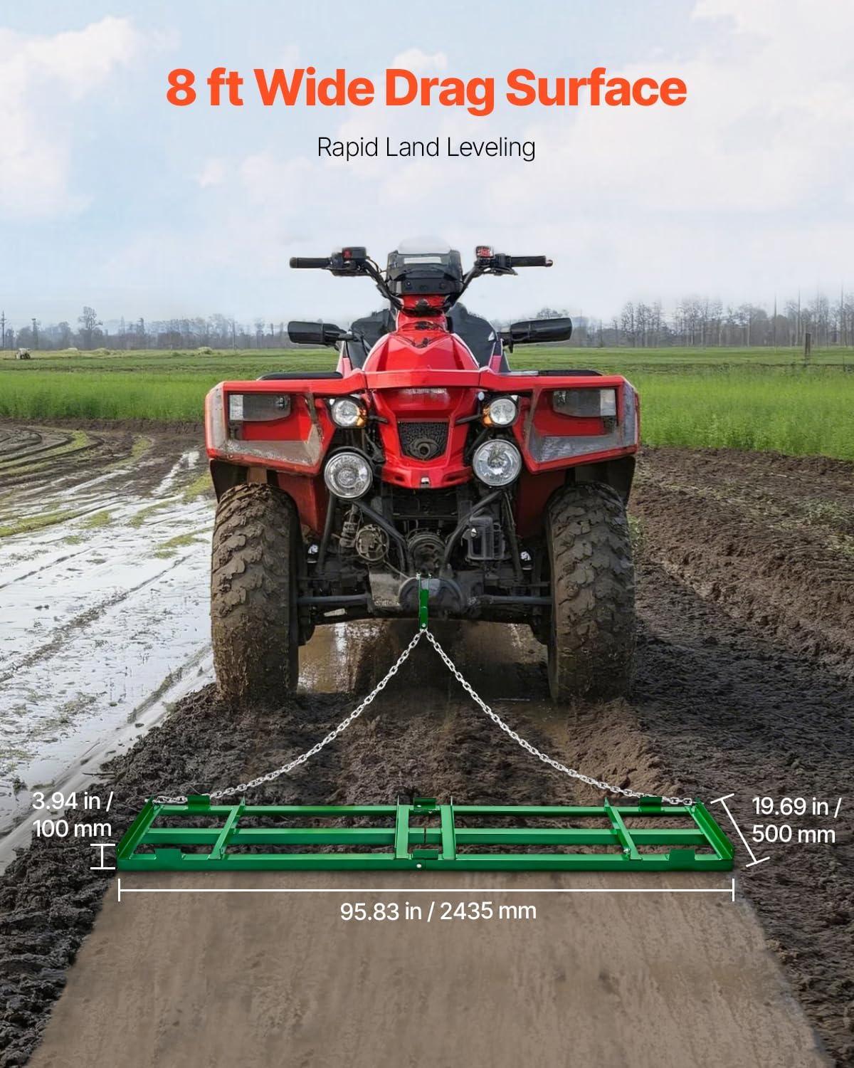 image:imageVEVOR Drag Harrow 4 ft Heavy Duty Tow Behind Drag Harrow with Adjustable Bars amp 72 in Chain Driveway Grader Landscape Rake for ATV UTV Tractor Mower Tow Behind Yard Lawn Leveling Tool8 FT Green