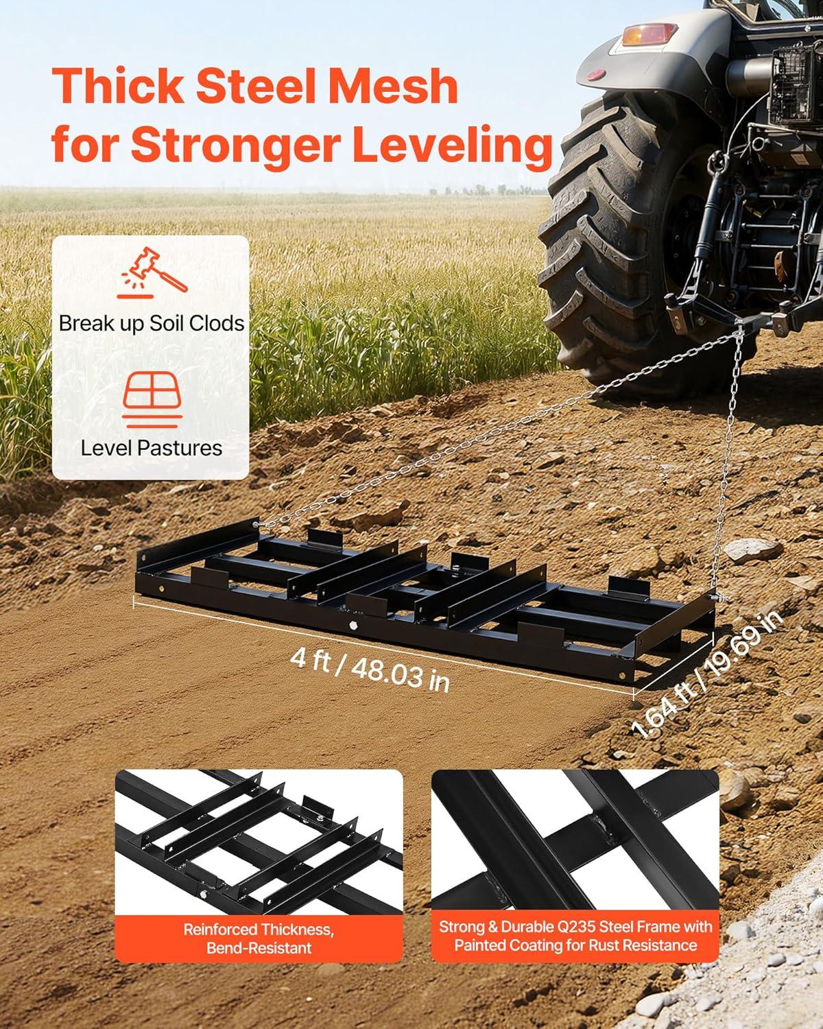 image:imageVEVOR Drag Harrow 4 ft Heavy Duty Tow Behind Drag Harrow with Adjustable Bars amp 72 in Chain Driveway Grader Landscape Rake for ATV UTV Tractor Mower Tow Behind Yard Lawn Leveling Tool4 FT Black