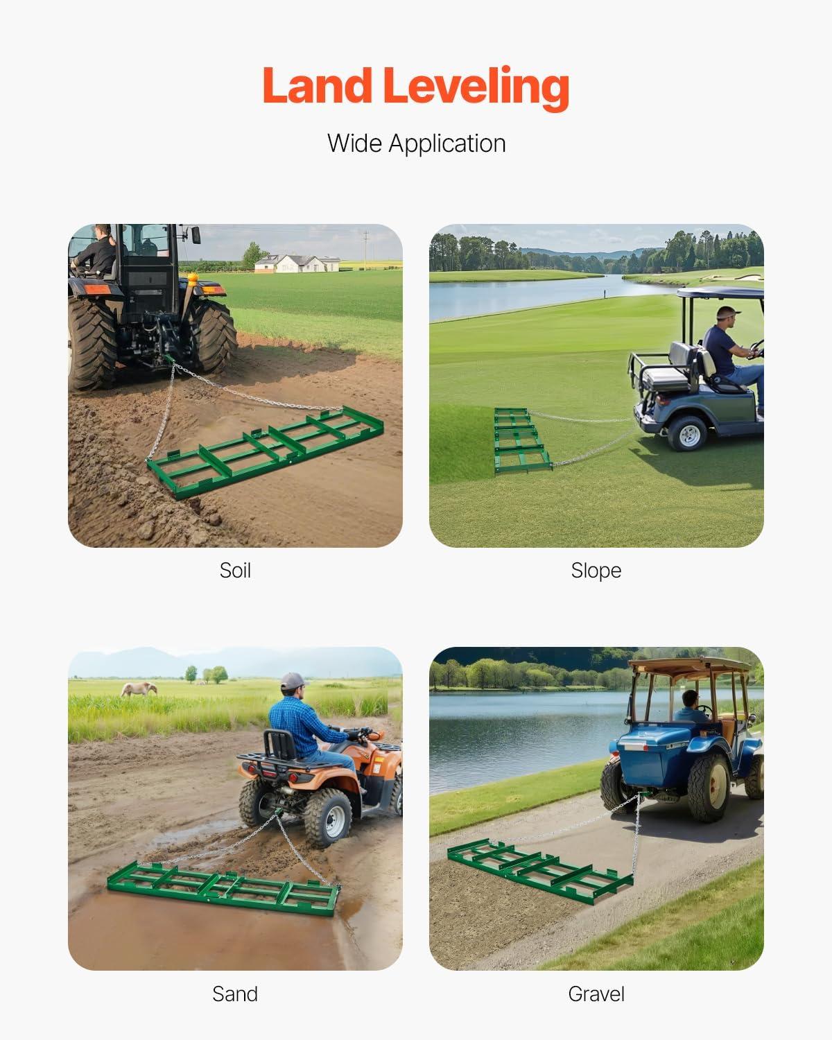 image:imageVEVOR Drag Harrow 4 ft Heavy Duty Tow Behind Drag Harrow with Adjustable Bars amp 72 in Chain Driveway Grader Landscape Rake for ATV UTV Tractor Mower Tow Behind Yard Lawn Leveling Tool6 FT Green