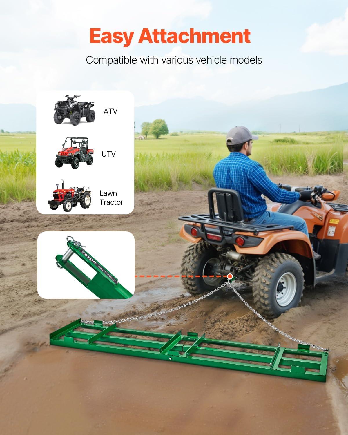 image:imageVEVOR Drag Harrow 4 ft Heavy Duty Tow Behind Drag Harrow with Adjustable Bars amp 72 in Chain Driveway Grader Landscape Rake for ATV UTV Tractor Mower Tow Behind Yard Lawn Leveling Tool8 FT Green