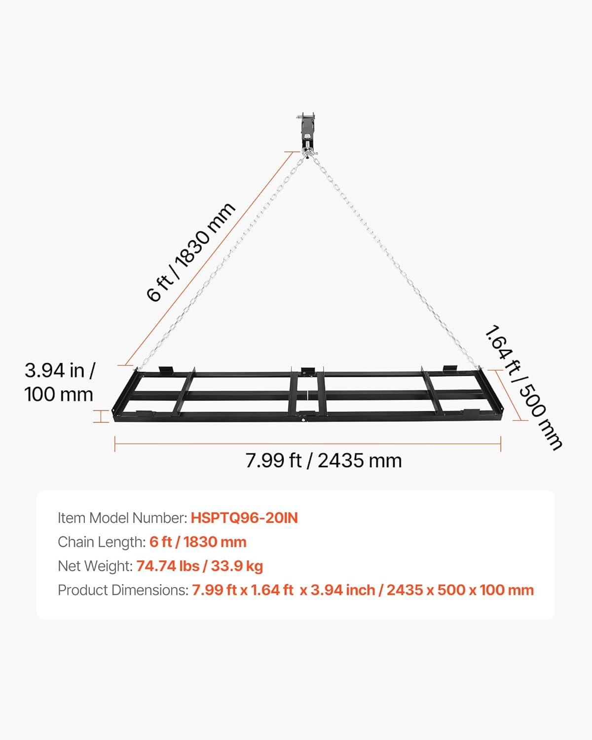 image:imageVEVOR Drag Harrow 4 ft Heavy Duty Tow Behind Drag Harrow with Adjustable Bars amp 72 in Chain Driveway Grader Landscape Rake for ATV UTV Tractor Mower Tow Behind Yard Lawn Leveling Tool8 FT Black