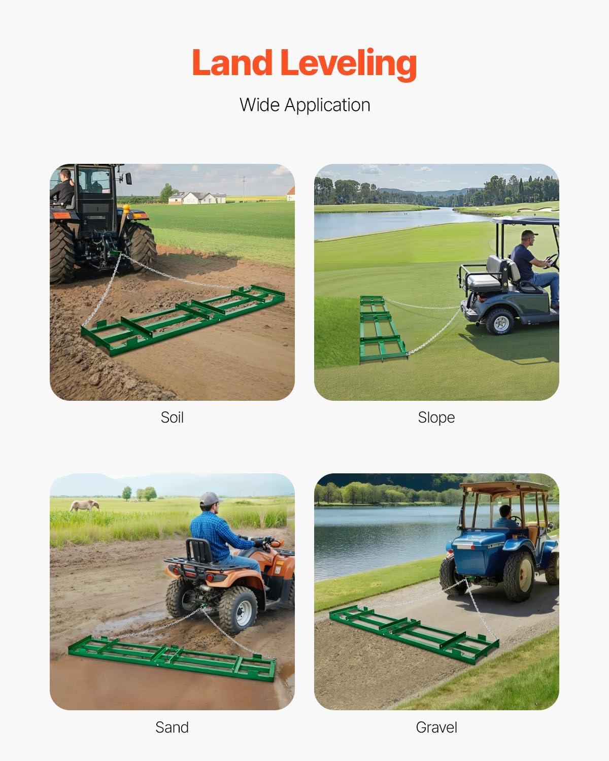 image:imageVEVOR Drag Harrow 4 ft Heavy Duty Tow Behind Drag Harrow with Adjustable Bars amp 72 in Chain Driveway Grader Landscape Rake for ATV UTV Tractor Mower Tow Behind Yard Lawn Leveling Tool8 FT Green