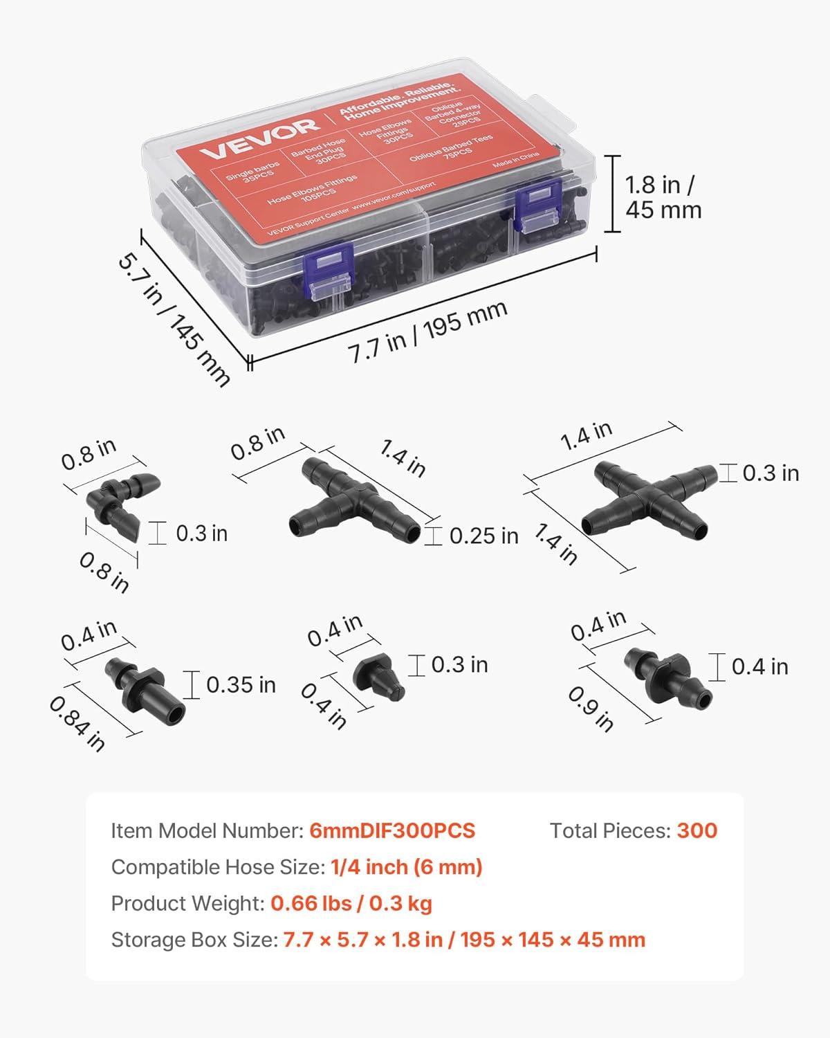image:imageVEVOR Drip Irrigation Fittings Kit for 14 Tubing 300 Pcs Drip Irrigation System Parts Tees Straight Barb 4 Way Coupling Elbows End Plug Single Barbs Barbed Connectors for Yard Garden Lawn