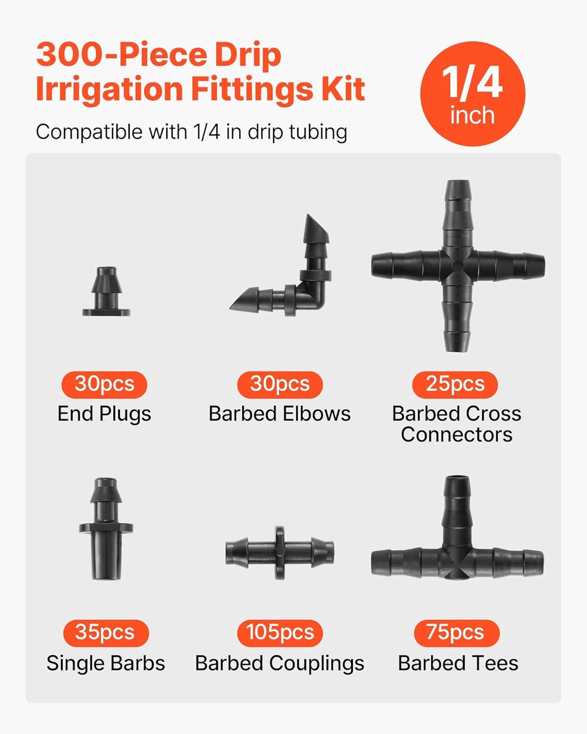 image:imageVEVOR Drip Irrigation Fittings Kit for 14 Tubing 300 Pcs Drip Irrigation System Parts Tees Straight Barb 4 Way Coupling Elbows End Plug Single Barbs Barbed Connectors for Yard Garden Lawn