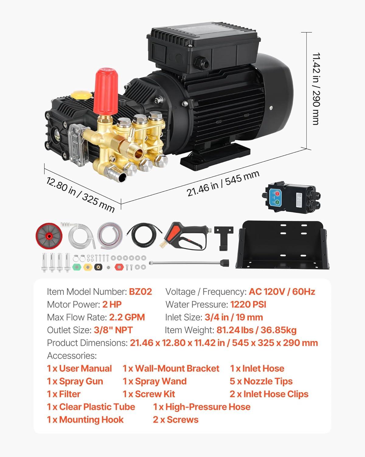 image:imageVEVOR Electric Pressure Washer Pump Kit 1220 PSI 22 GPM Triplex Power Washer Pump with 2 HP Motor 120 V Includes Wall Mount Bracket Spray Gun Wand Hose 5 Nozzles for Washing Cars Gardens