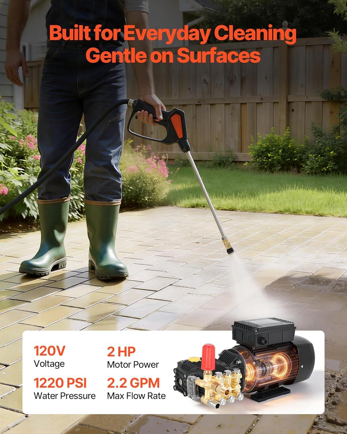 image:imageVEVOR Electric Pressure Washer Pump Kit 1220 PSI 22 GPM Triplex Power Washer Pump with 2 HP Motor 120 V Includes Wall Mount Bracket Spray Gun Wand Hose 5 Nozzles for Washing Cars Gardens