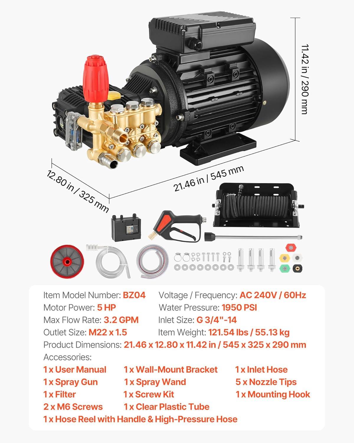 image:imageVEVOR Electric Pressure Washer Pump Kit 1950 PSI 32 GPM Triplex Power Washer Pump with 5 HP Motor 240 V Includes Wall Mount Bracket Spray Gun Wand Hose 5 Nozzles for Washing Cars Gardens