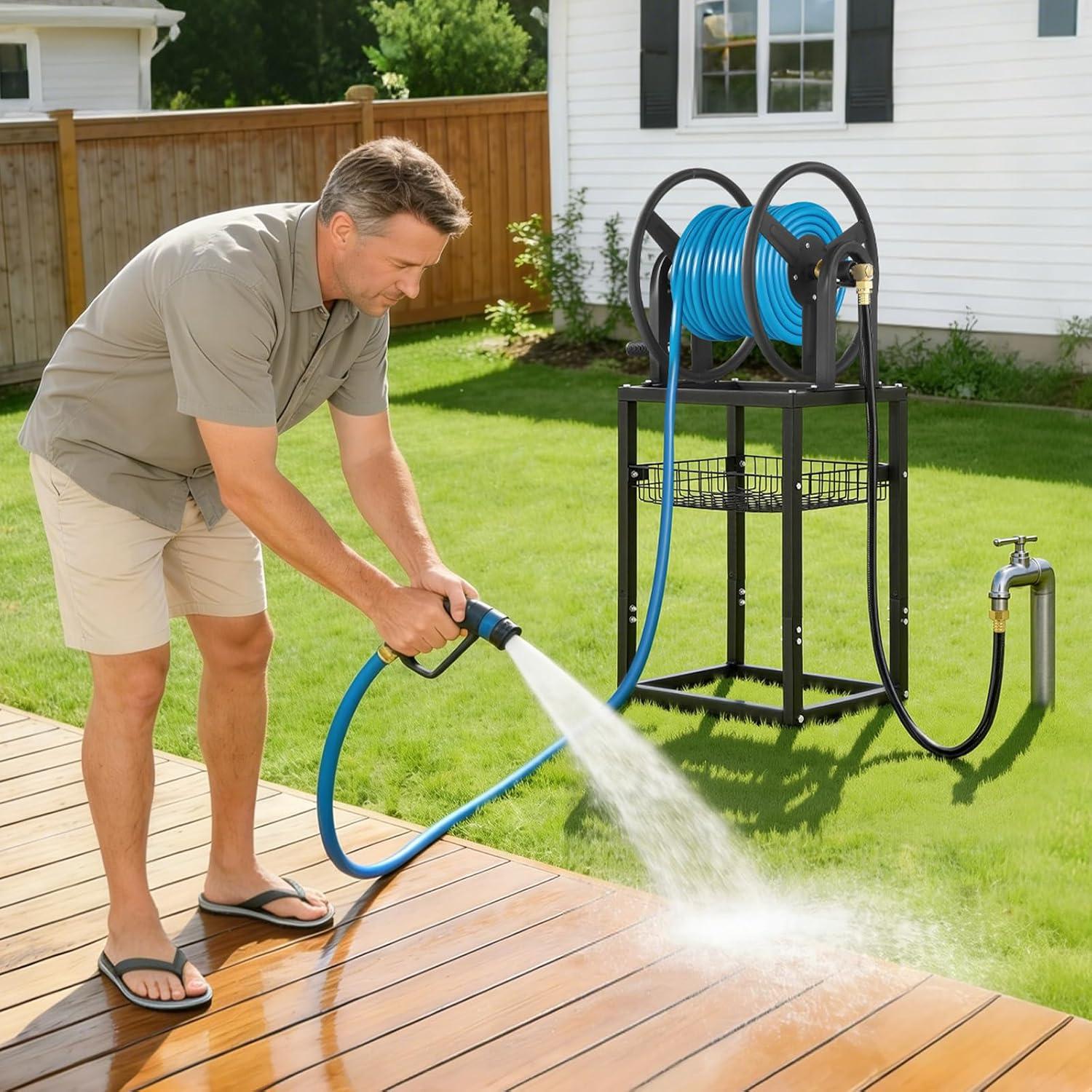 image:imageVEVOR Freestanding Garden Hose Reel Holds 200 Feet of 58inch Hose Wall Mount or Ground Mount Detachable Holder Stand with Storage Rack 5 ft Leader Hose Brass Fitting 4 Spikes for Backyards