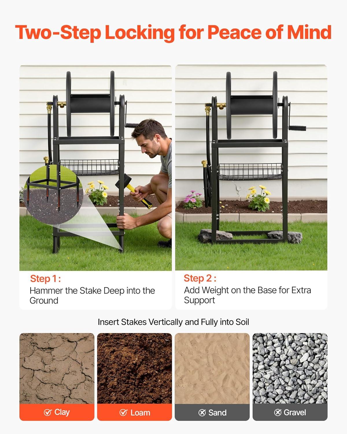 image:imageVEVOR Freestanding Garden Hose Reel Holds 200 Feet of 58inch Hose Wall Mount or Ground Mount Detachable Holder Stand with Storage Rack 5 ft Leader Hose Brass Fitting 4 Spikes for Backyards