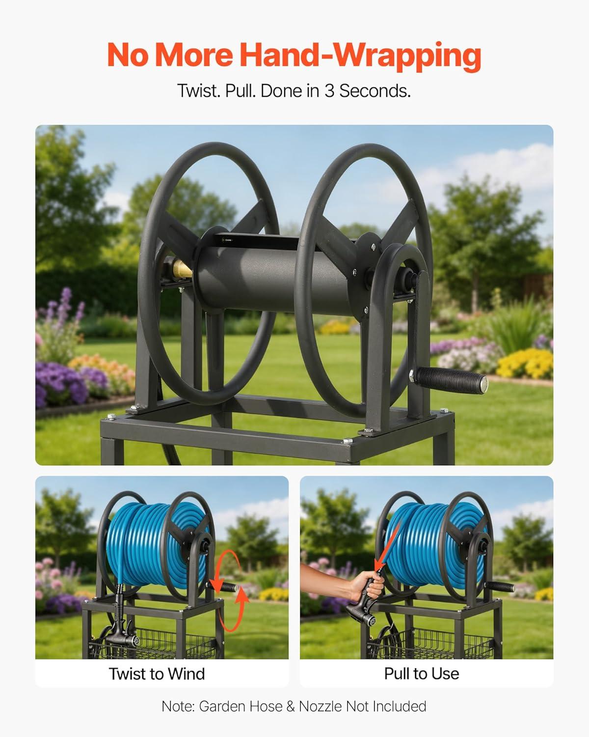 image:imageVEVOR Freestanding Garden Hose Reel Holds 200 Feet of 58inch Hose Wall Mount or Ground Mount Detachable Holder Stand with Storage Rack 5 ft Leader Hose Brass Fitting 4 Spikes for Backyards