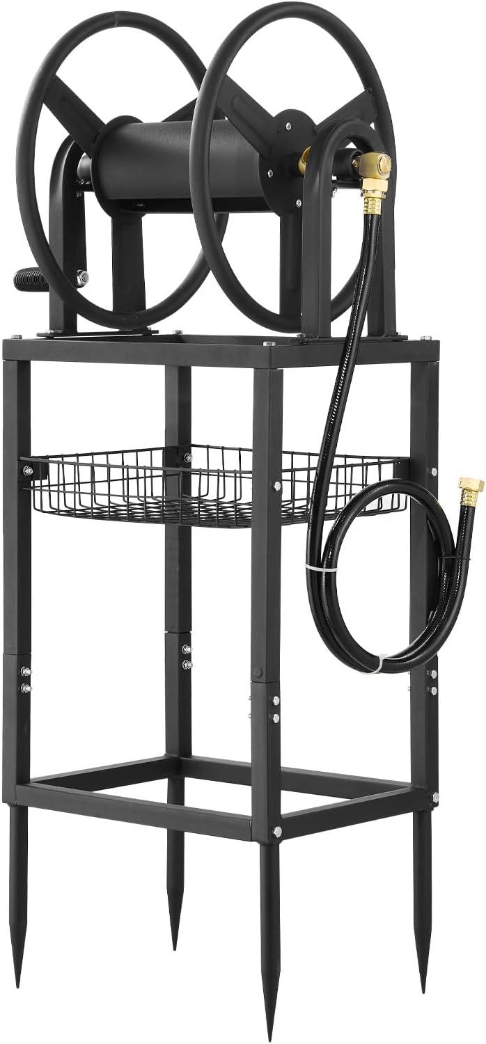 image:imageVEVOR Freestanding Garden Hose Reel Holds 200 Feet of 58inch Hose Wall Mount or Ground Mount Detachable Holder Stand with Storage Rack 5 ft Leader Hose Brass Fitting 4 Spikes for Backyards