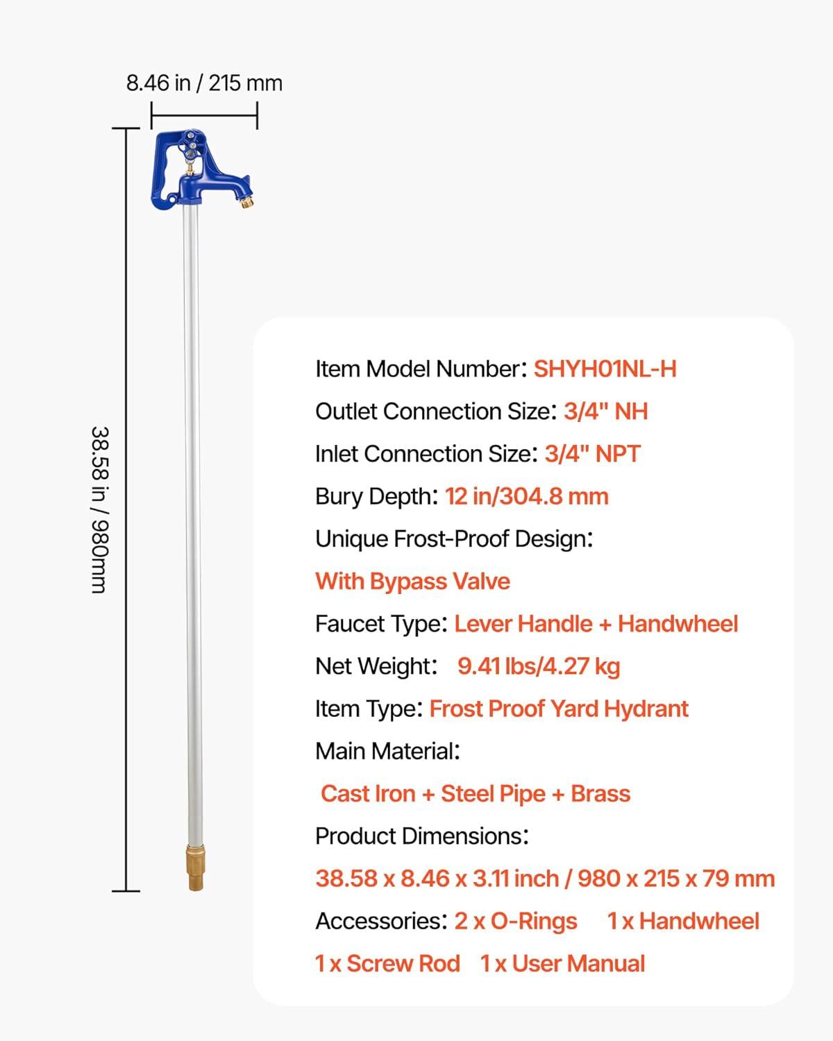 image:imageVEVOR Frost Proof Yard Hydrant 322FT FreezeProof Outdoor Faucet with 12 Bury Depth 34 NPT Pipe Connection Lever Handle Handwheel No Lead Freezeless Hydrant for Yard Garden Farm Irrigation12inch
