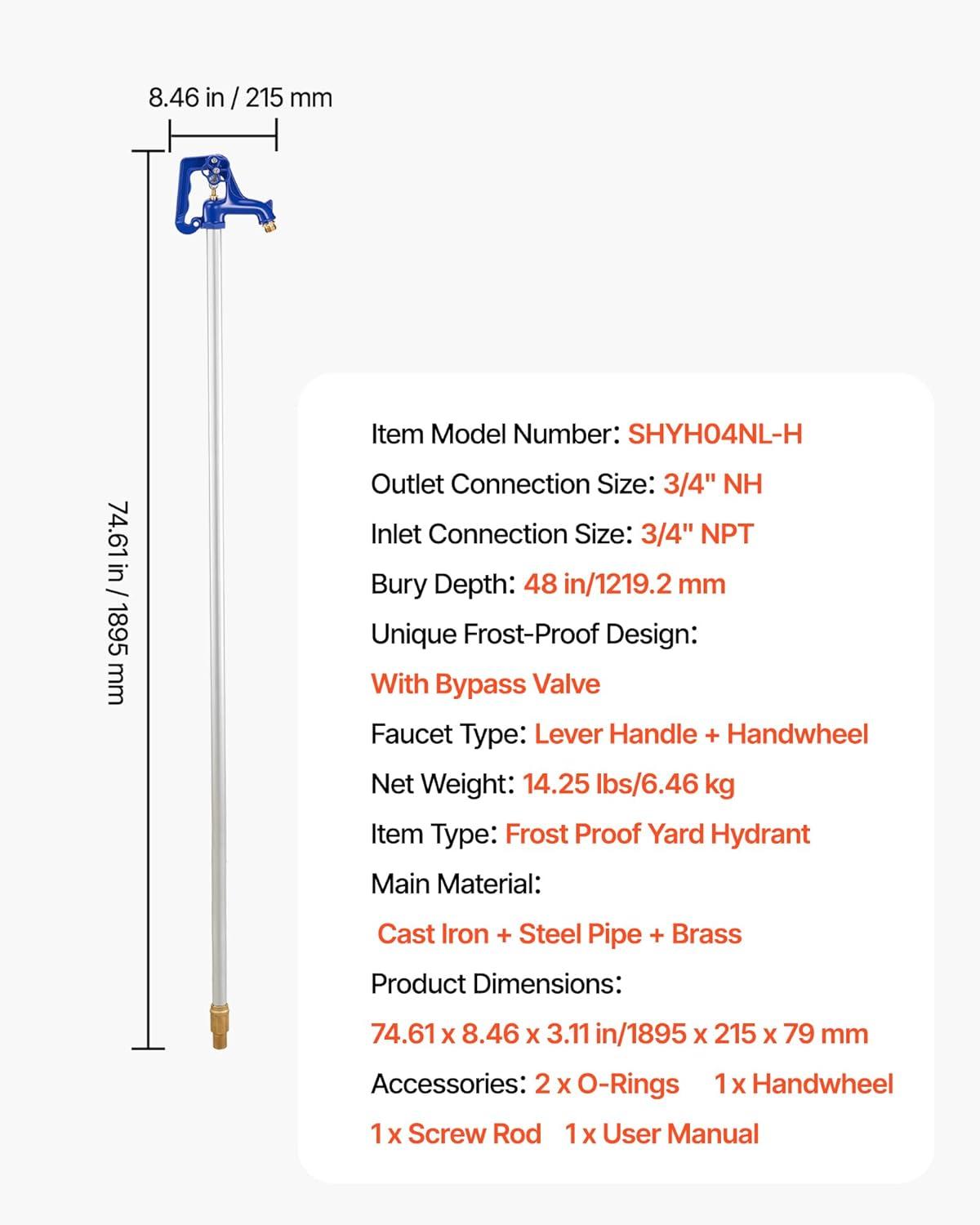 image:imageVEVOR Frost Proof Yard Hydrant 322FT FreezeProof Outdoor Faucet with 12 Bury Depth 34 NPT Pipe Connection Lever Handle Handwheel No Lead Freezeless Hydrant for Yard Garden Farm Irrigation48inch