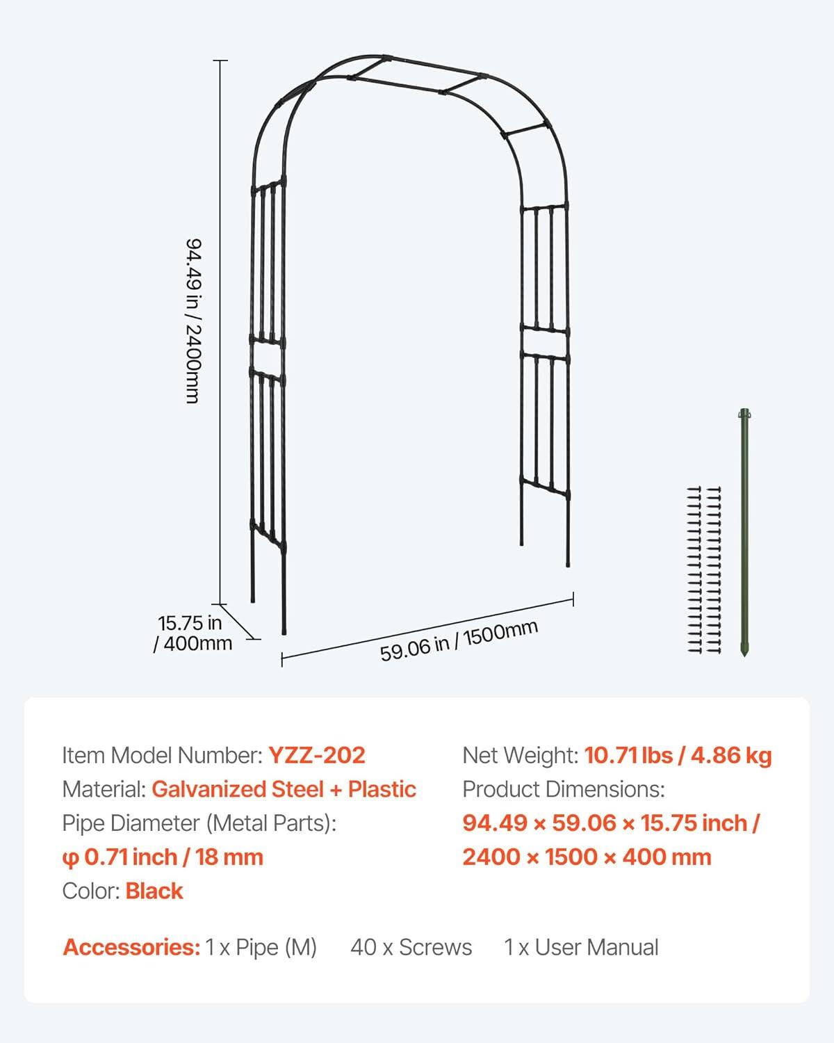 image:imageVEVOR Garden Arbor 945 H x 985 W x 158 D in Metal Archway Sturdy Outdoor Trellis Arch with Stakes Easy to Assemble Pergola Arbor for Plant Climbing Yard Lawn Wedding Party DecorationBlack