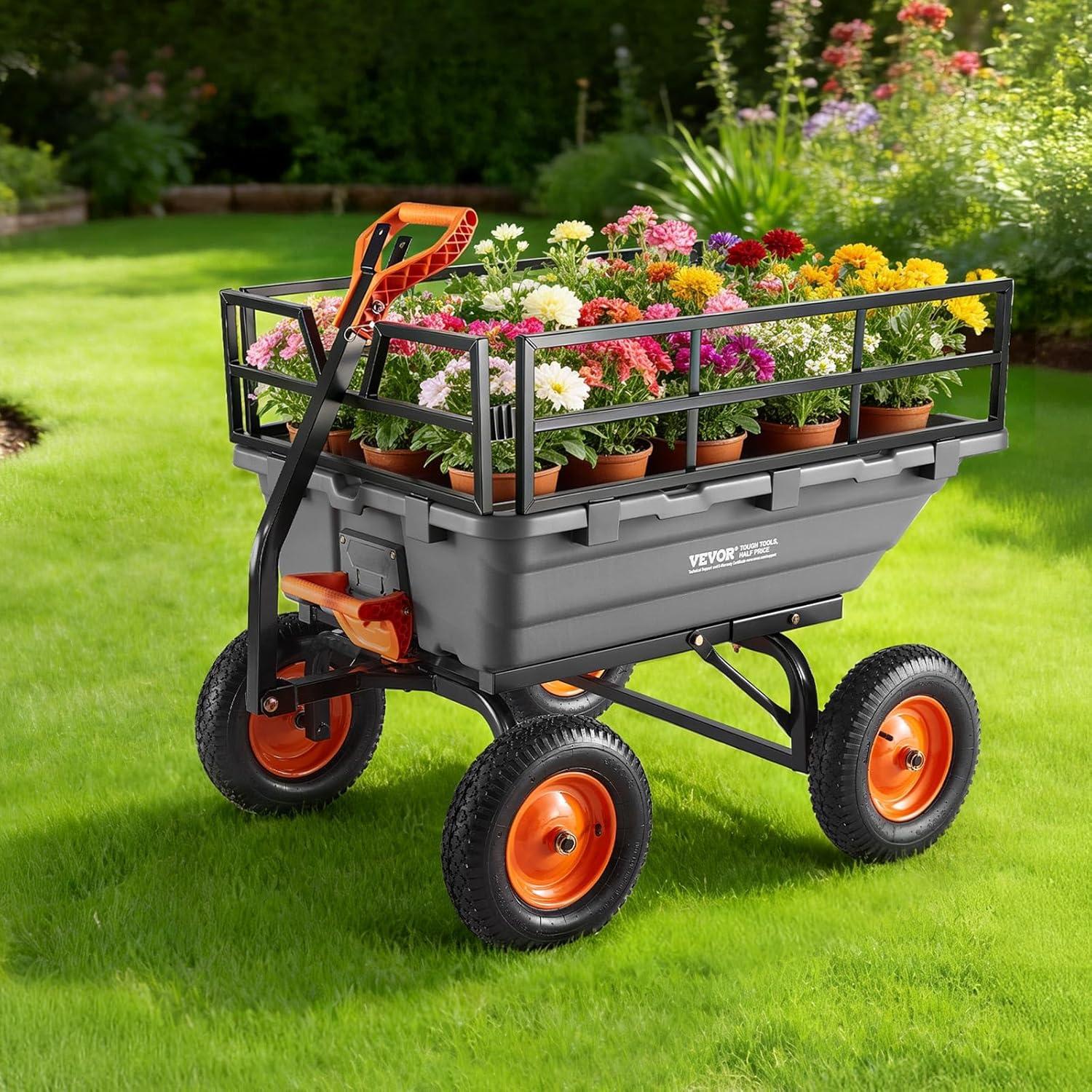 image:imageVEVOR Garden Dump Cart 1500lbs 15 CuFt Heavy Duty Wheelbarrow with Convertible Handle and 16 Flat Free Tires Outdoor Yard Wagon ATV Trailer Dump Cart Tow Behind for Lawn Mower Tractor1500LBS