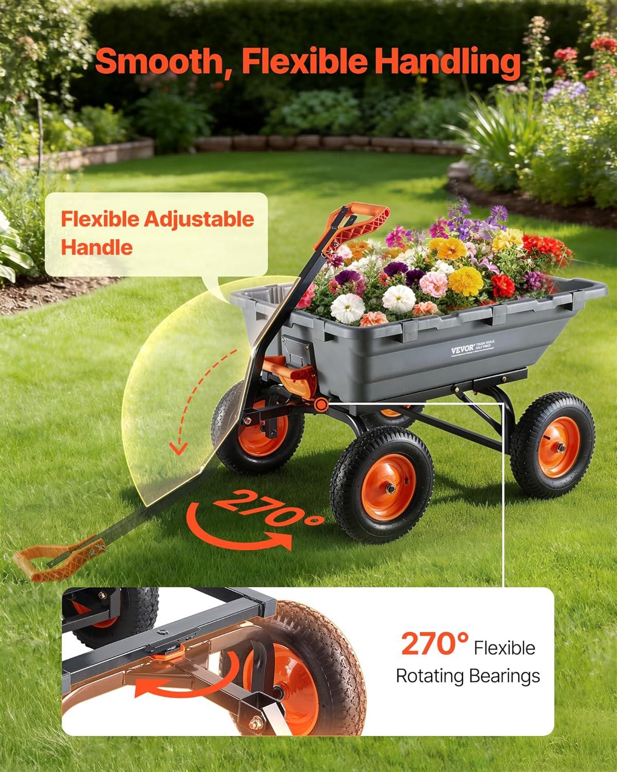 image:imageVEVOR Garden Dump Cart 1500lbs 15 CuFt Heavy Duty Wheelbarrow with Convertible Handle and 16 Flat Free Tires Outdoor Yard Wagon ATV Trailer Dump Cart Tow Behind for Lawn Mower Tractor1500LBS