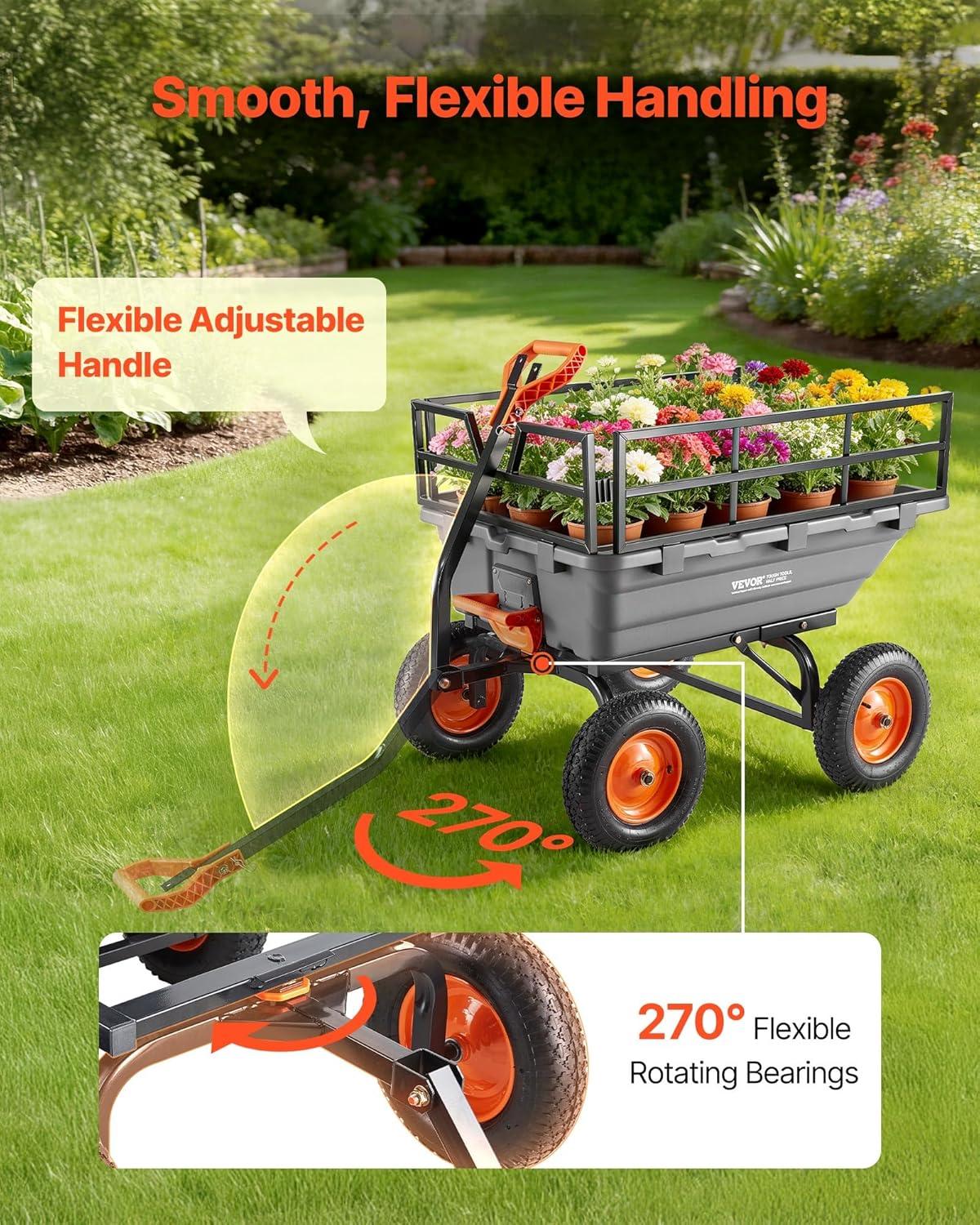 image:imageVEVOR Garden Dump Cart 1500lbs 15 CuFt Heavy Duty Wheelbarrow with Convertible Handle and 16 Flat Free Tires Outdoor Yard Wagon ATV Trailer Dump Cart Tow Behind for Lawn Mower Tractor1500LBS