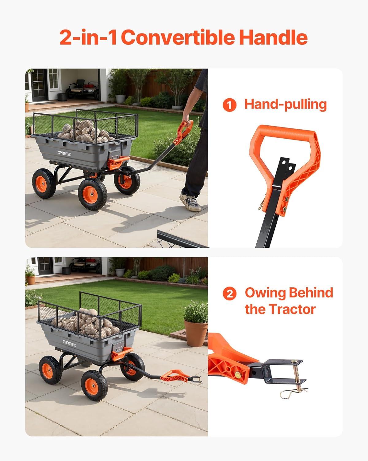 image:imageVEVOR Garden Dump Cart 1500lbs 15 CuFt Heavy Duty Wheelbarrow with Convertible Handle and 16 Flat Free Tires Outdoor Yard Wagon ATV Trailer Dump Cart Tow Behind for Lawn Mower Tractor1200LBS