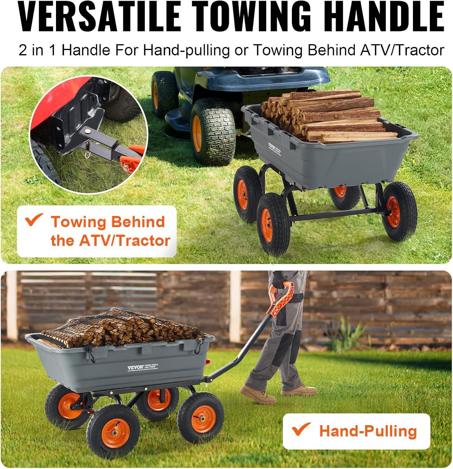 image:imageVEVOR Garden Dump Cart 1500lbs 15 CuFt Heavy Duty Wheelbarrow with Convertible Handle and 16 Flat Free Tires Outdoor Yard Wagon ATV Trailer Dump Cart Tow Behind for Lawn Mower Tractor1200LBS